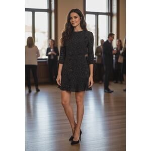 Topshop Black White Star Print Dress Ruffle Tie Neck Long Sleeve Size 6 Preppy